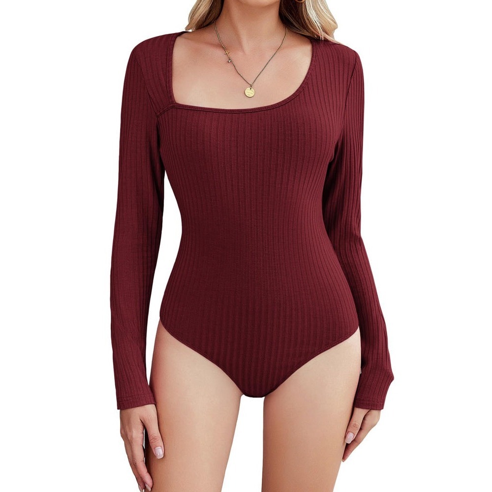 Zeagoo Womens Ribbed Long Sleeve Bodysuit Wine Red Asymmetric Square Neck Size L